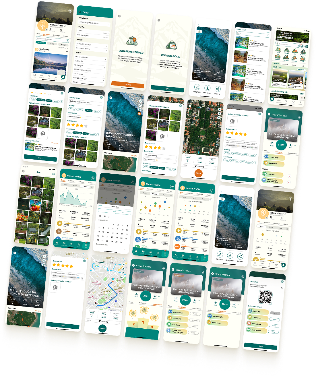 ExoTrails mobile product overview across trail discovery, navigation, community, and challenges