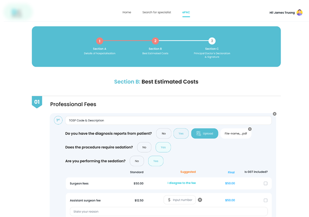 Insurance claim estimated cost and professional fee interface