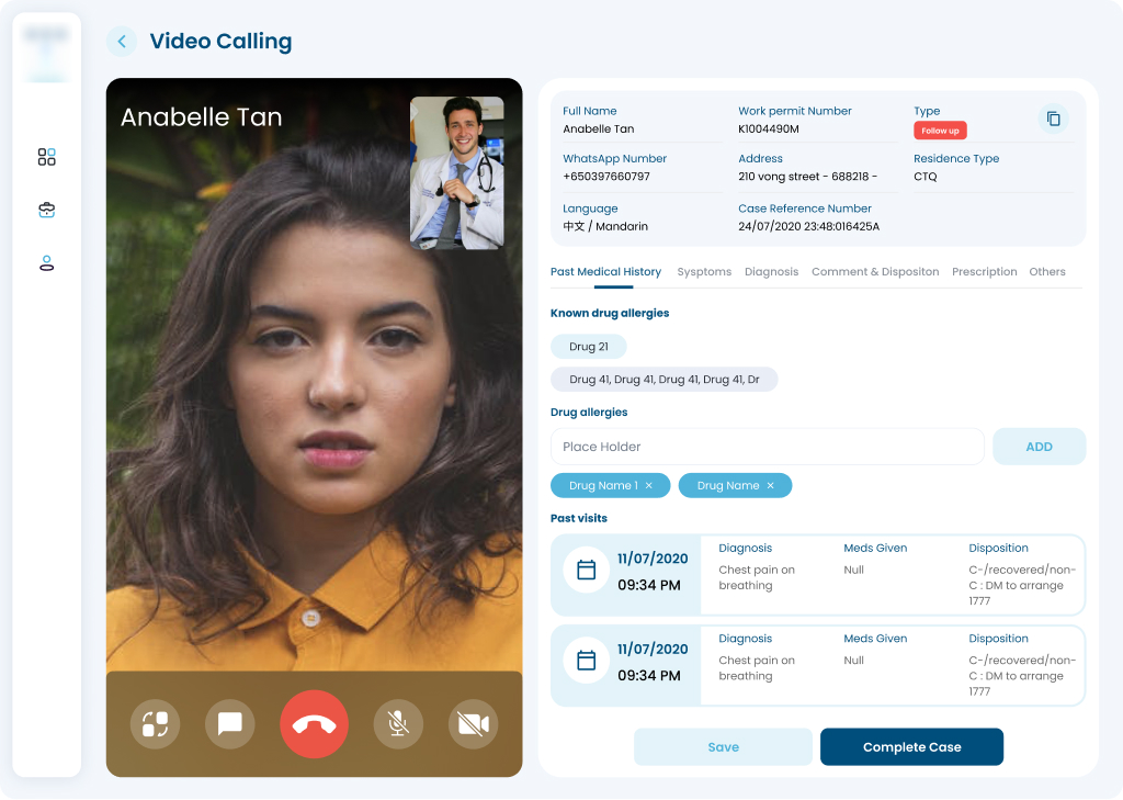 Telemedicine video call and patient consultation interface
